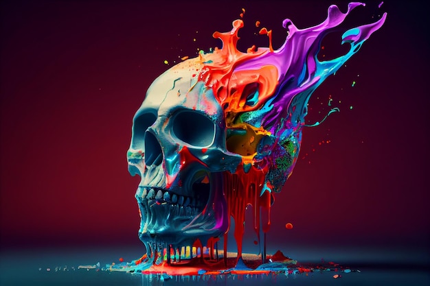 Piękna abstrakcyjna ludzka czaszka spryskana kolorową farbą conceptgenerative ai