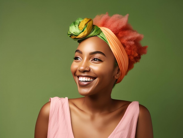 Piękna afro kobieta uśmiecha się na tle studia ai generowane
