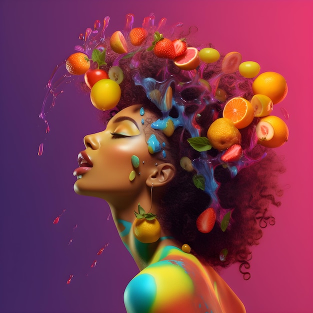 piękna afro kobieta z kręconymi włosami z odchyloną do tyłu głową i otwartymi ustami jedząca owoce