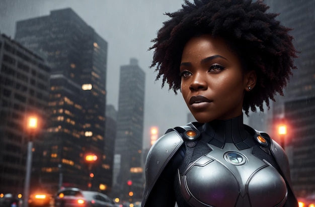 Piękna Afroamerykanka jest superbohaterką na tle wieczornego miasta w pochmurny dzień Generative AI