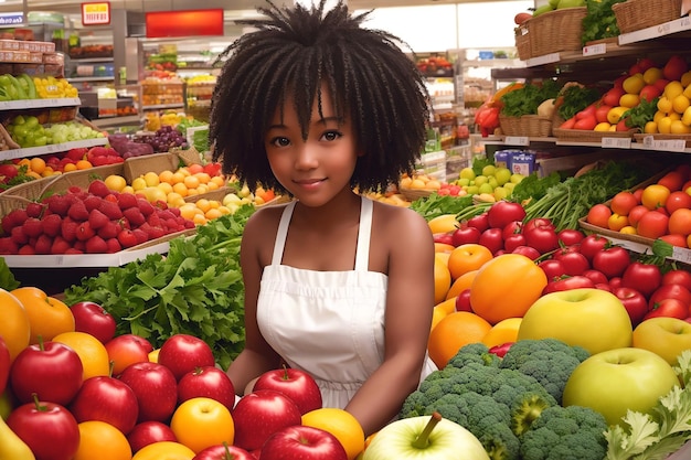 Piękna Afroamerykanka pracownik supermarketu na tle warzyw i owoców Generative AI