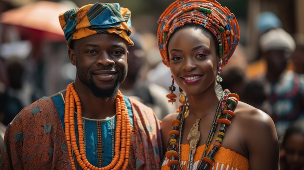 Piękna Afroamerykanka w tradycyjnym stroju i przystojny czarny mężczyzna uśmiecha się i patrzy