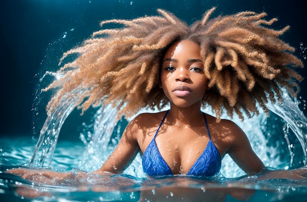 Piękna Afroamerykanka z fryzurą afro w wodzie Generative AI