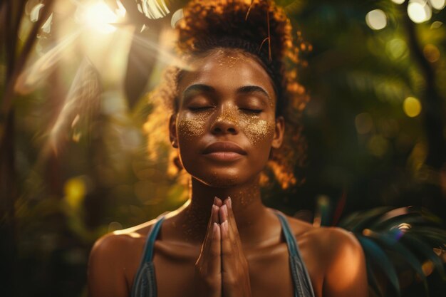 Piękna Afroamerykanka z zamkniętymi oczami medytuje w dżungli.