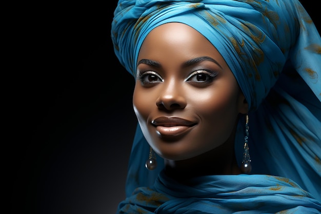 Piękna afroamerykańska kobieta w turbanie na czarnym tle