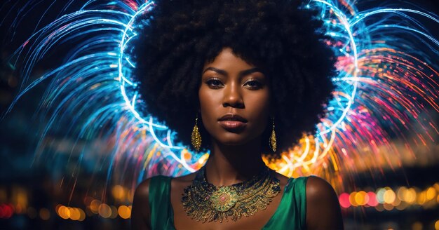 Piękna afroamerykańska kobieta z afro fryzurą i zarysowaną w świetle ai generative