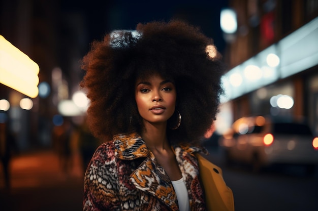 Piękna afroamerykańska kobieta z fryzurą afro na ulicy w nocy