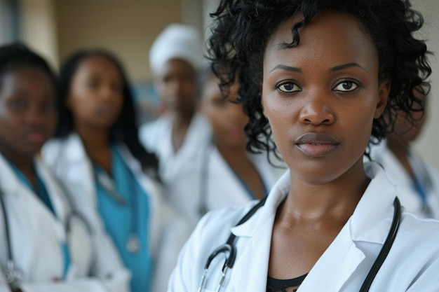 Zdjęcie piękna afroamerykańska lekarzka stojąca przed zespołem lekarzy dyskutującą