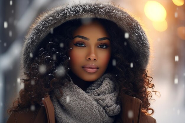 Zdjęcie piękna afrykańska dziewczyna w zimie rosyjska przyroda świta
