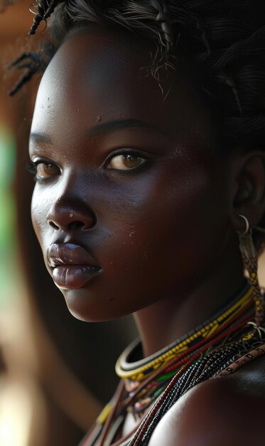 Piękna afrykańska dziewczyna z tradycyjną fryzurą, młoda kobieta z południa, portret pięknych oczu, biżuteria, kolczyki.