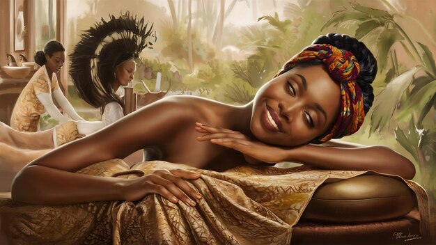 Zdjęcie piękna afrykańska kobieta uśmiechnięta cieszy się masażem z zamkniętymi oczami w salonie spa