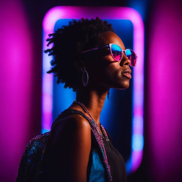 Piękna afrykańska kobieta z zdjęciem z mieszanym różowym i niebieskim neonowym światłem generatywnym AI