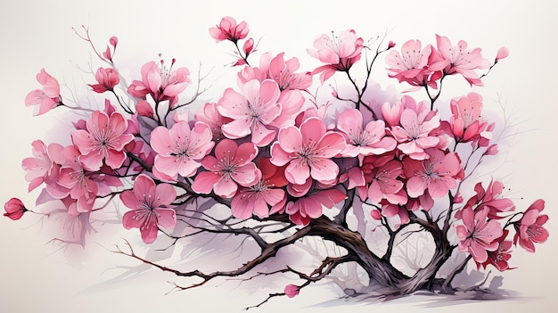 Piękna akwarela gałązki kwiatów wiśni i sakura wiśni różowy kwiat ilustracja izolowana na białym tle