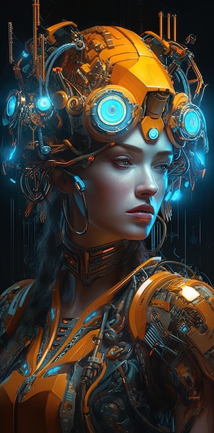 Piękna androidka z dużym cyber kaskiem Generacyjna sztuczna inteligencja