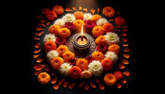 Piękna aranżacja z lampą diya i kwiatami marigold dla puthandu
