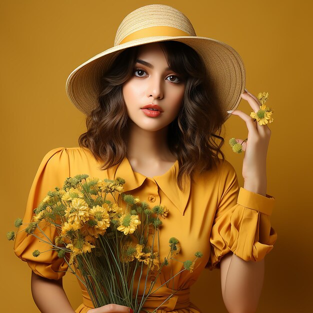 piękna atrakcyjna stylowa kobieta w żółtej sukience i słomkowym kapeluszu trzymająca romantyczny nastrój stokrotki