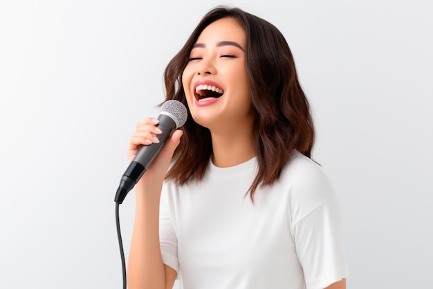 Piękna Azjatka śpiewa z mikrofonem na białym tle