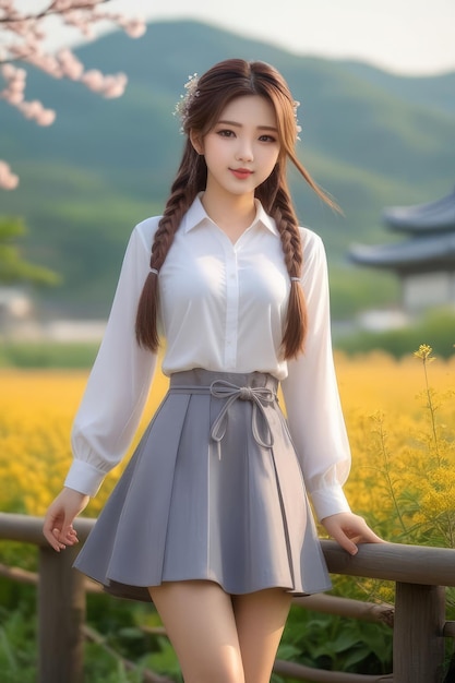 Piękna Azjatka w białej koszuli i szarej spódnicy stoi na wsi o wschodzie słońca