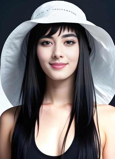 Piękna Azjatka w białym kapeluszu z długimi czarnymi włosami.