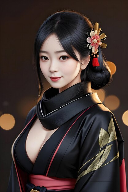 Piękna Azjatka w kimono na ciemnym tle