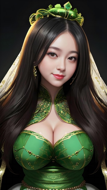 Piękna Azjatka w zielonym kostiumie kokoshnika