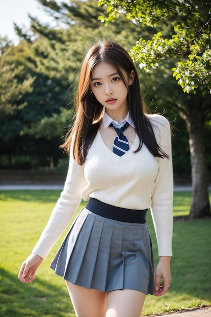 Piękna Azjatka z długimi nogami nosi mundur szkolny i patrzy na kamerę.