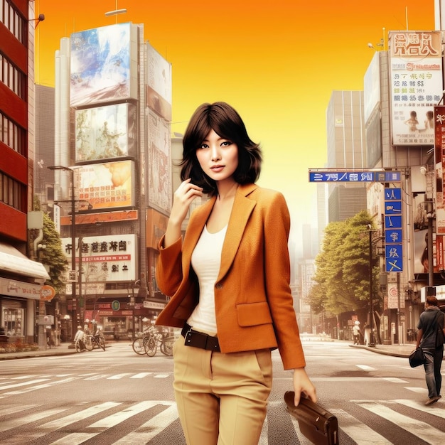 piękna Azjatycka biznesowa kobieta z teczką chodzącą po ulicy