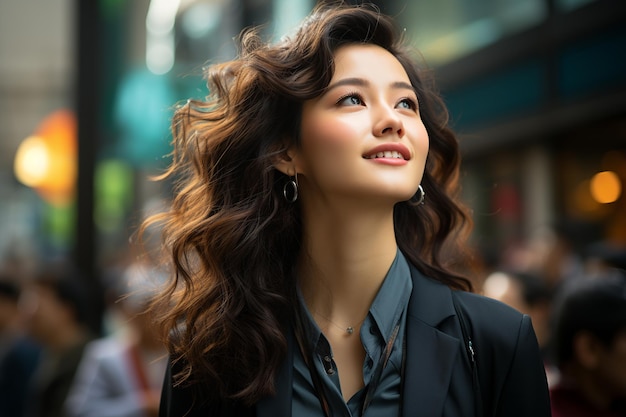 Piękna azjatycka bizneswoman stojąca na ulicy miasta i marząca o przyszłym sukcesie biznesowym