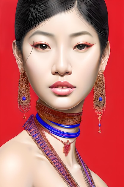Piękna azjatycka kobieta o bardzo wyjątkowej twarzy i długiej szyi z biżuterią
