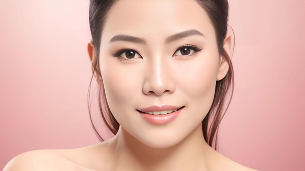 Piękna azjatycka kobieta piękna pielęgnacja skóry z twarzą wyszczególnioną na różowym tle sztuki generatywnej autorstwa AI