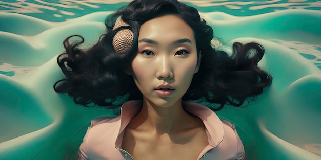 Piękna azjatycka kobieta skomplikowana fryzura z lat 40. retrofuturystyczny piękny ocean fale krajobraz kapsuła kosmiczna w wodzie AI Generated