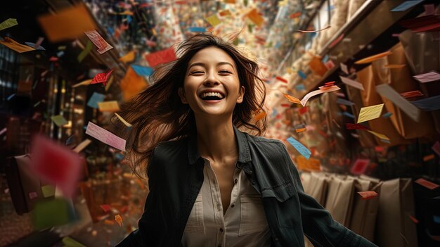 Piękna azjatycka kobieta uśmiecha się. Ubrała się zwyczajnie na zakupy z torbami na zakupy w ręku.