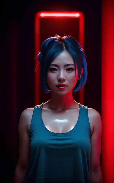 Piękna azjatycka kobieta w górnej sukience z mieszanym kolorem niebieskim i czerwonym światłem Generative AI