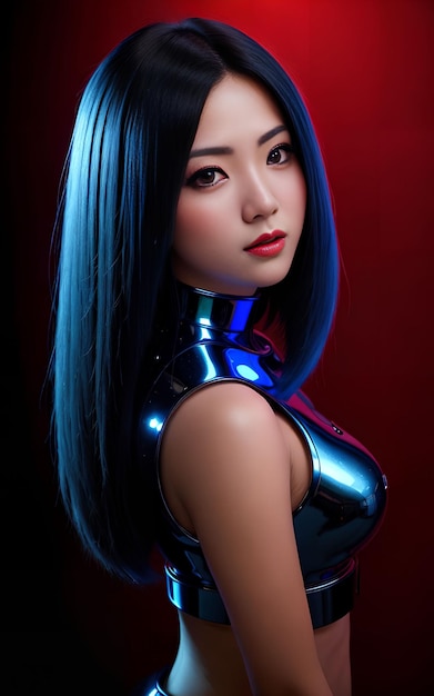 Piękna azjatycka kobieta w lekkiej zbroi z mieszanym kolorem niebieskim i czerwonym światłem Generative AI