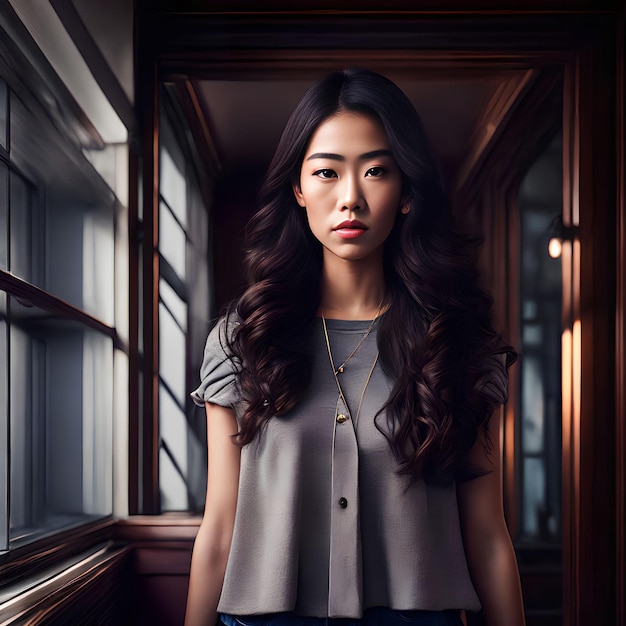 Piękna azjatycka kobieta w mieszkaniu generatywna sztuka autorstwa AI