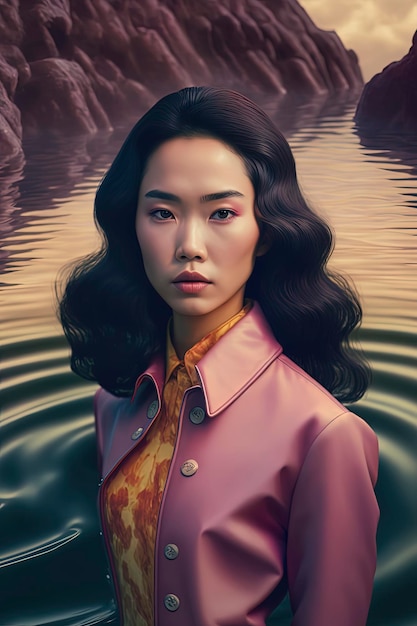 Piękna azjatycka kobieta w pastelowym krajobrazie przestrzeni Generative AI