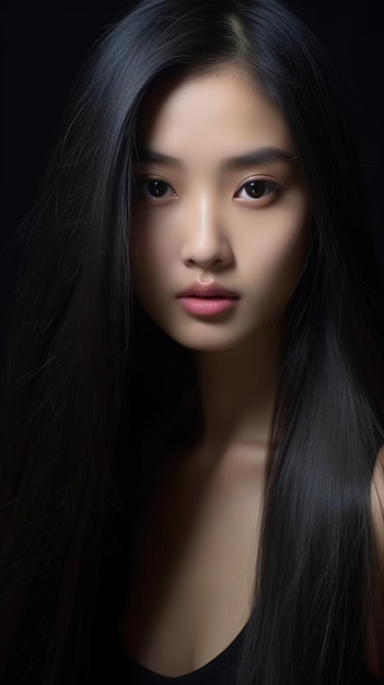 Piękna azjatycka kobieta z bliska na twarzy z gładką skórą patrzy w kamerę