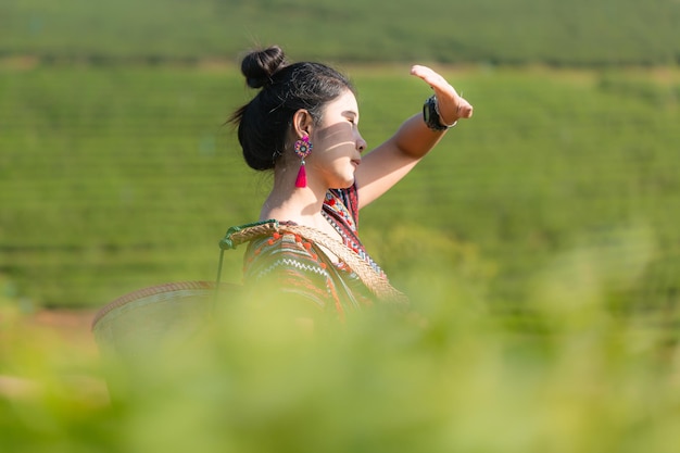 Piękna Azjatycka Kobieta Zbierając Liście Herbaty Rano Liście Herbaty Na Polu Herbaty