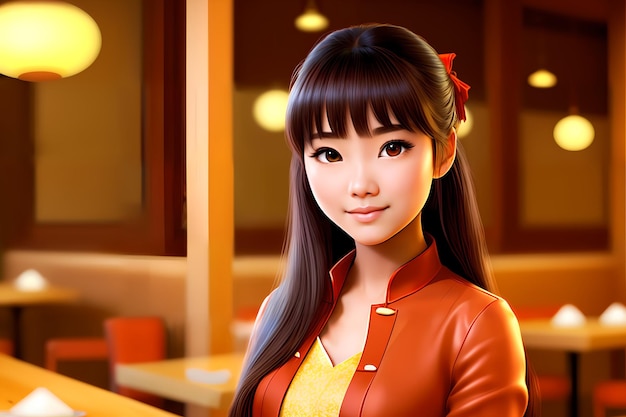 Piękna Azjatycka młoda dziewczyna w restauracyjnej AI