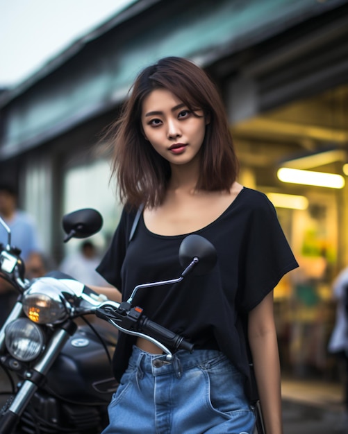 piękna azjatycka modelka w szortach jeansowych naturalnych ubraniach i swobodnym stylu Fotografia uliczna