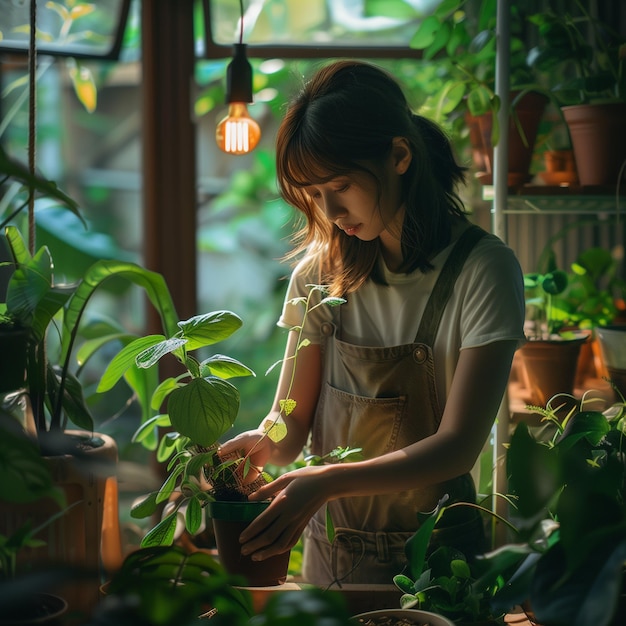 Piękna azjatycka ogrodniczka przeszczepuje rośliny domowe w domu