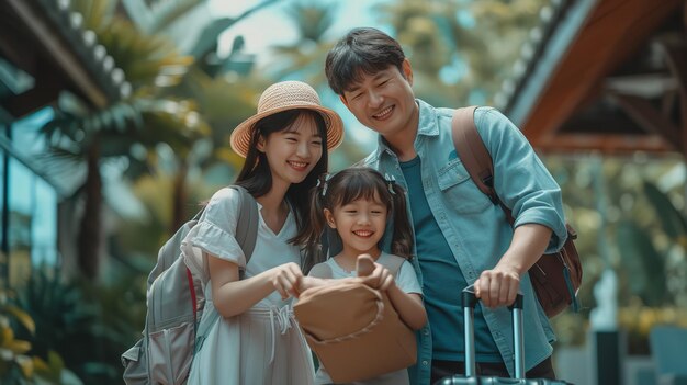 Piękna azjatycka rodzina wyjeżdża na wakacje z porannym słońcem i kopiowaniem przestrzeni.