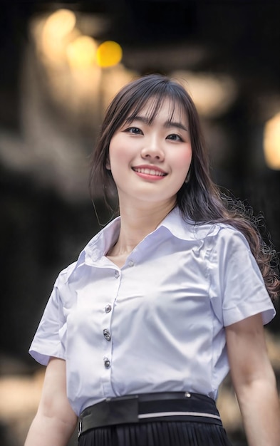 Piękna azjatycka tajska kobieta z college'u ubrana w generatywny strój uniwersytecki AI