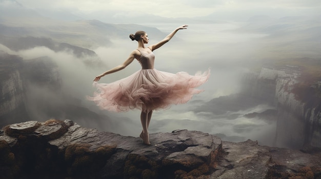 Zdjęcie piękna balerina w białej sukience na skale w górach