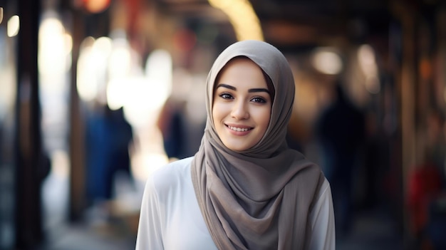 Piękna, bardzo atrakcyjna, muzułmańska, azjatycka młoda kobieta w hidżabie patrząca do kamery pozująca na targu w arabskim mieście.