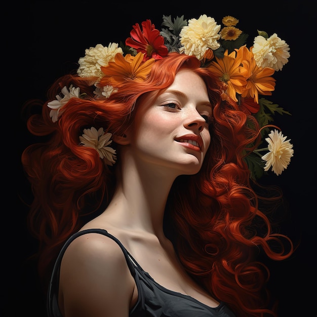 Piękna biała dziewczyna z kwiatami w włosach izolowany na czarnym tle korona kwiatowa i kobieta