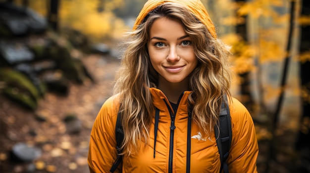 Piękna biała kobieta uśmiechnięta ubrana w żółty w lesie z jesiennymi kolorami jesienny sezon wędrówki i góry