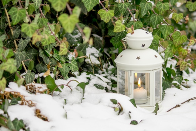 Piękna biała latarnia w śniegu. Świeca w śniegu na tle zielony bluszcz