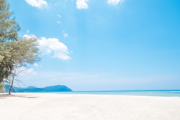 Piękna biała piasek plaża z wyspą w lato czasu pojęcia podróży