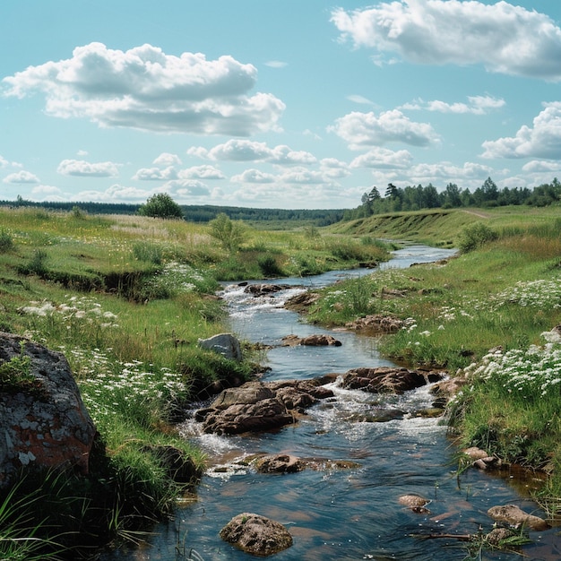 Piękna białoruska letnia wędrówka po przyrodzie Scenic Stream in Lush Green Field